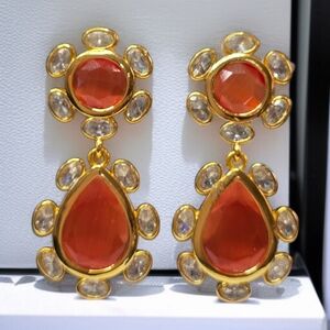 18k Gold Plated Carnelian Glass Crystal Dangle Earrings